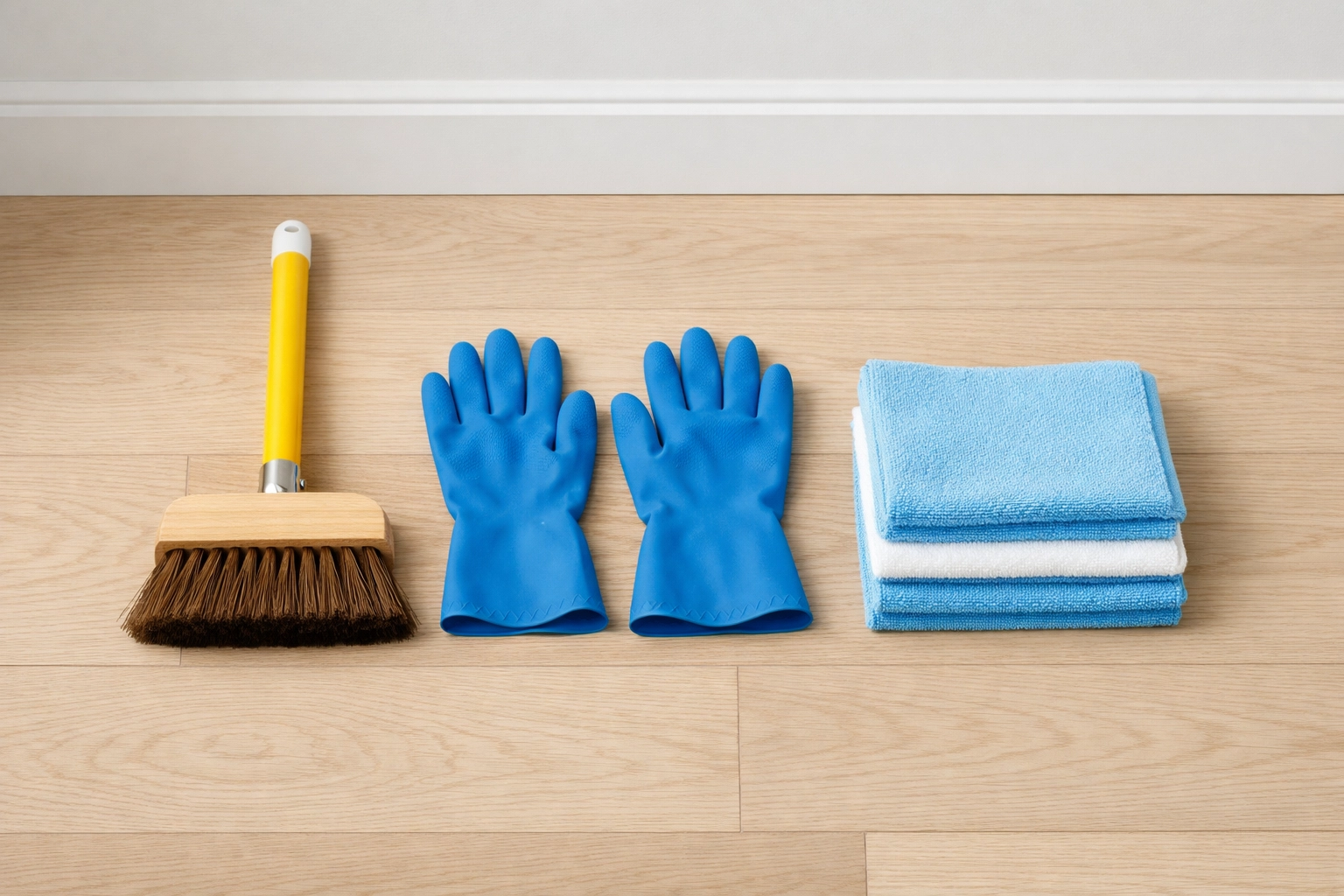 Kid-sized cleaning tools like a small broom and blue gloves for teaching children chores.