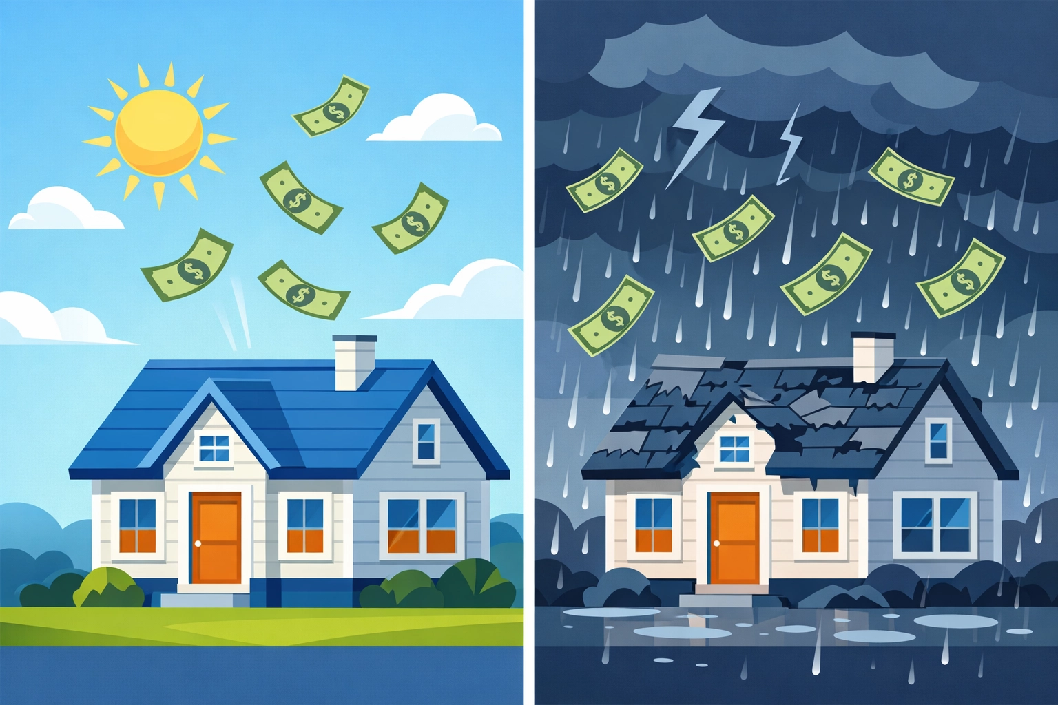 Comparison showing how roof damage increases landlord insurance premiums vs intact roof with lower costs