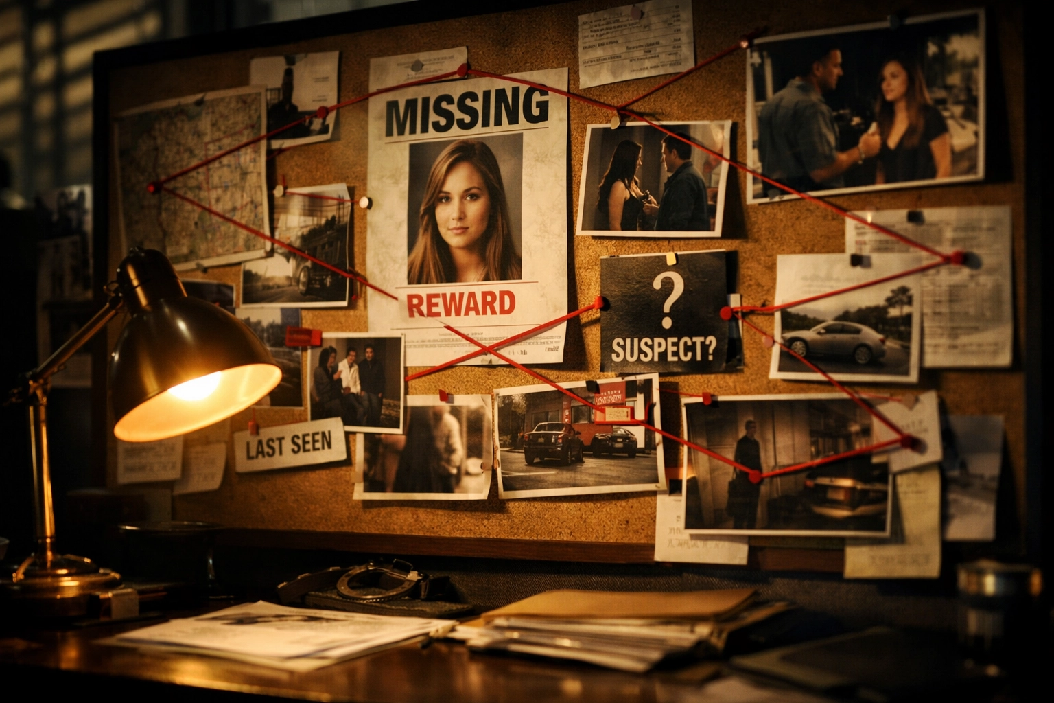 FBI investigation board with evidence and clues for active missing person case