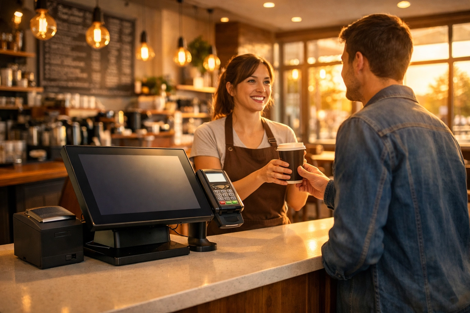 Modern UK coffee shop interior with POS terminal and barista serving customer