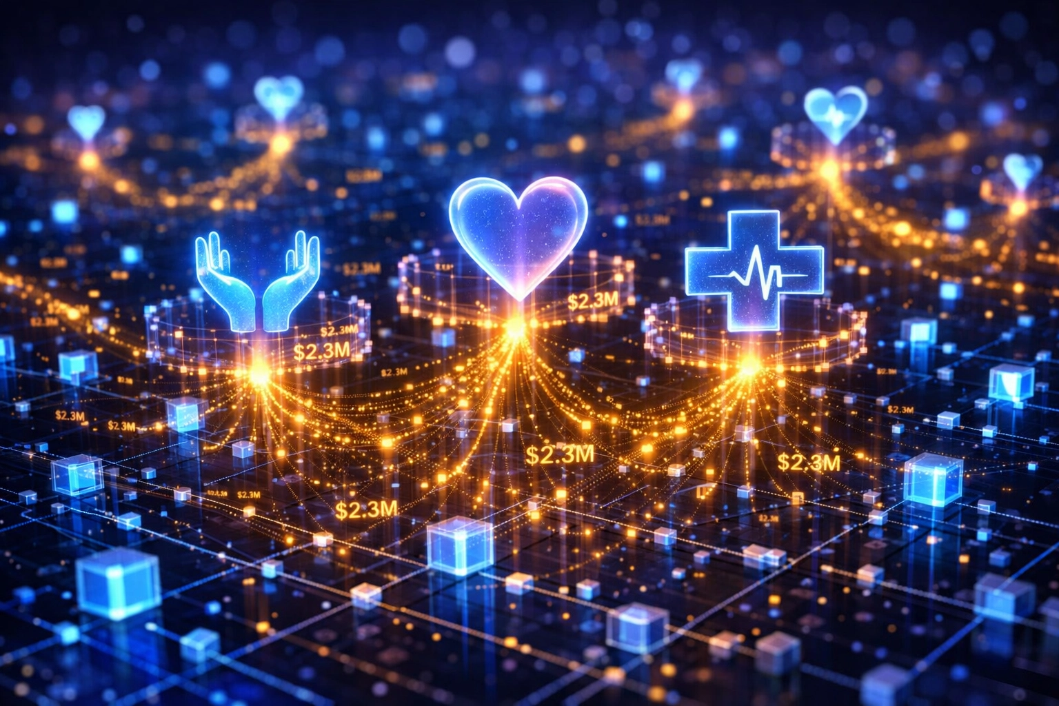 Larecoin blockchain network showing automated charity donations flowing to verified organizations