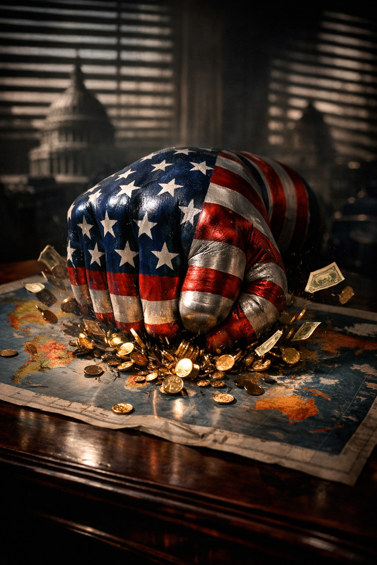 US power enforcing dollar dominance through foreign policy pressure on world map