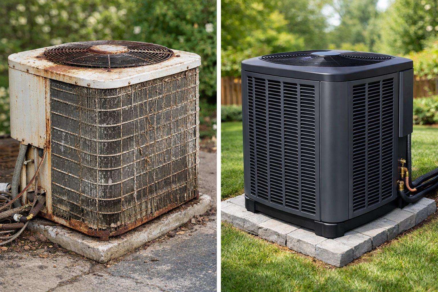 Comparison of a rusted old AC unit and a modern high-efficiency HVAC condenser in Philadelphia.