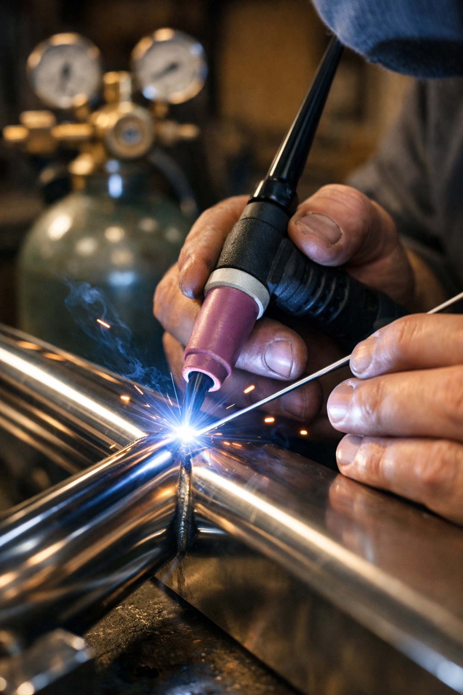Professional TIG welding with argon gas cylinder creating precise metal welds in workshop