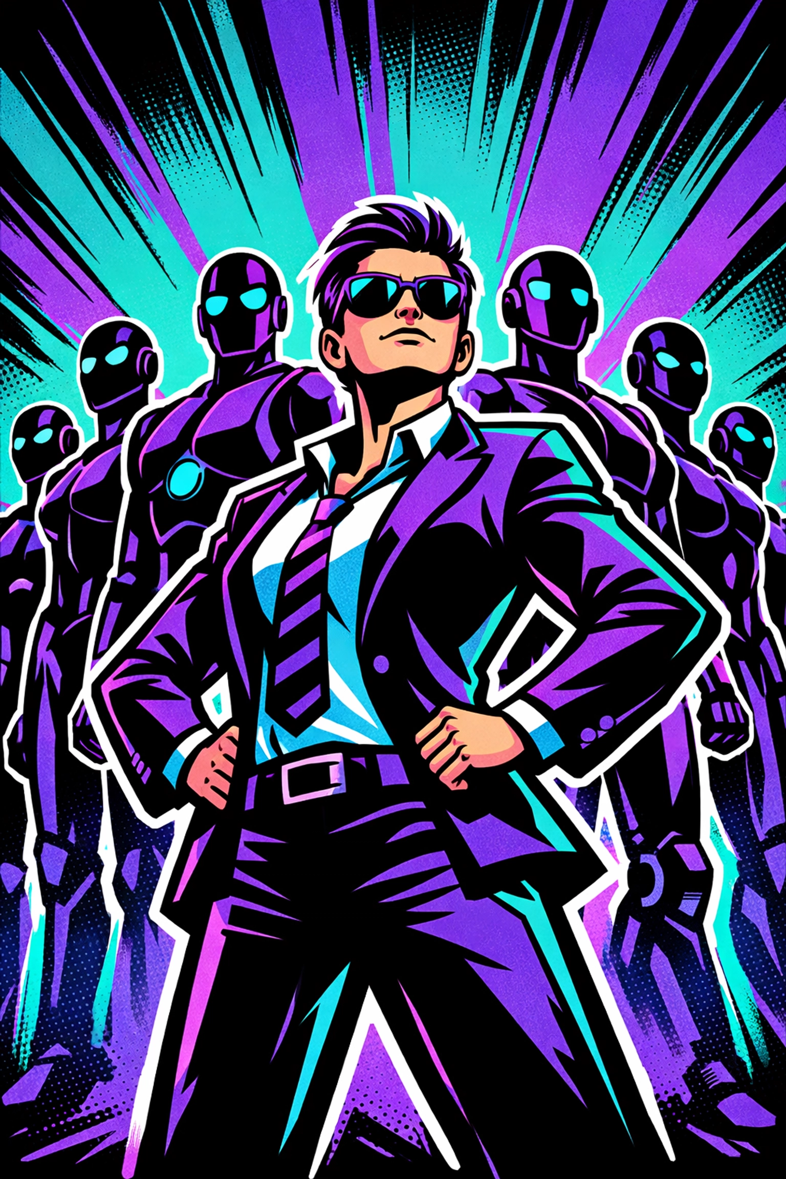 Confident entrepreneur scaling with an AI business automation team behind them.