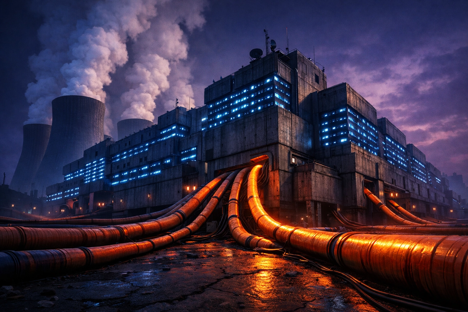 A massive glowing AI data center at night, illustrating high electricity costs and infrastructure demand.