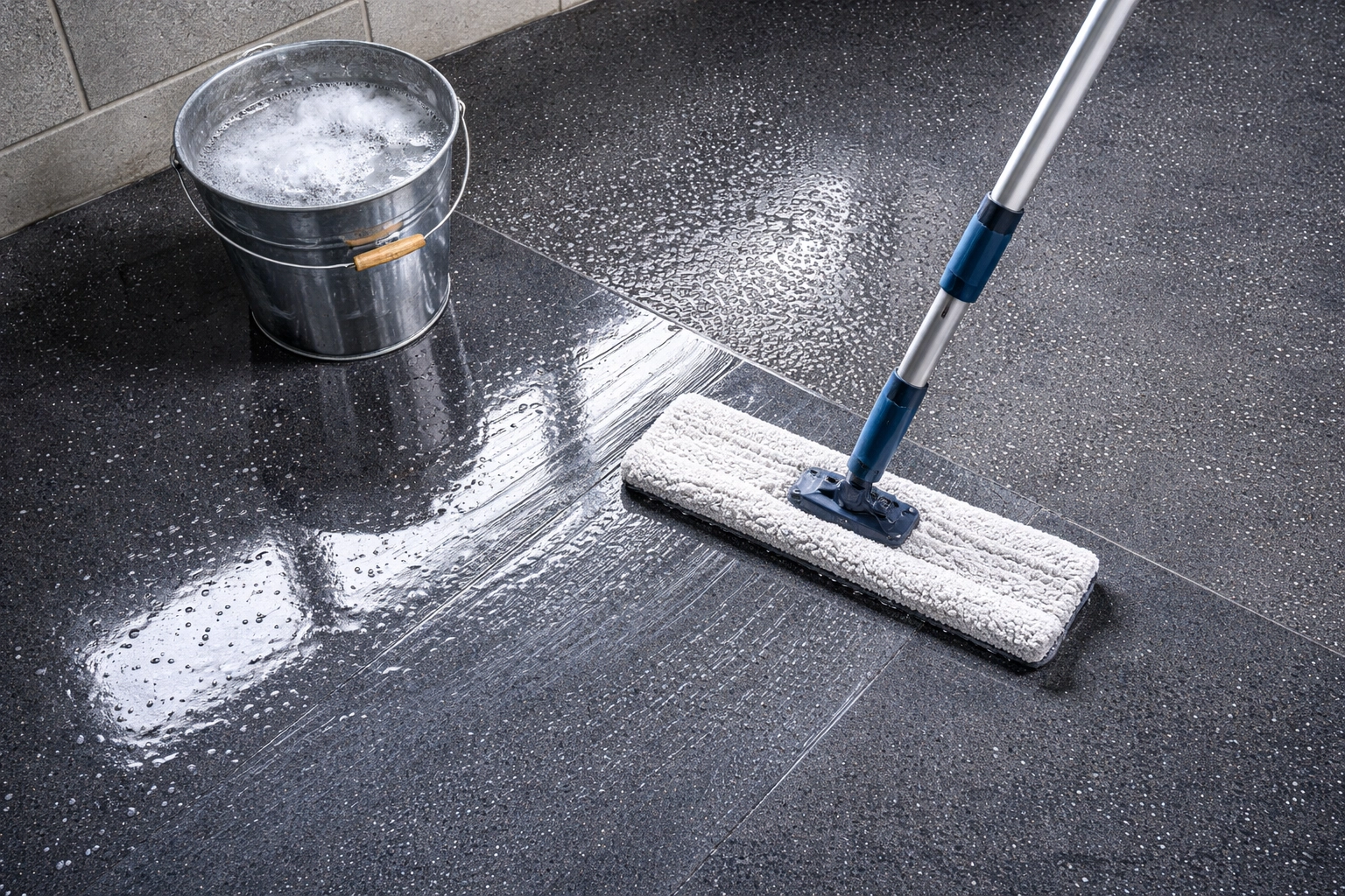 Foam mop cleaning a shiny polyaspartic garage floor, showing proper epoxy floor maintenance routine.