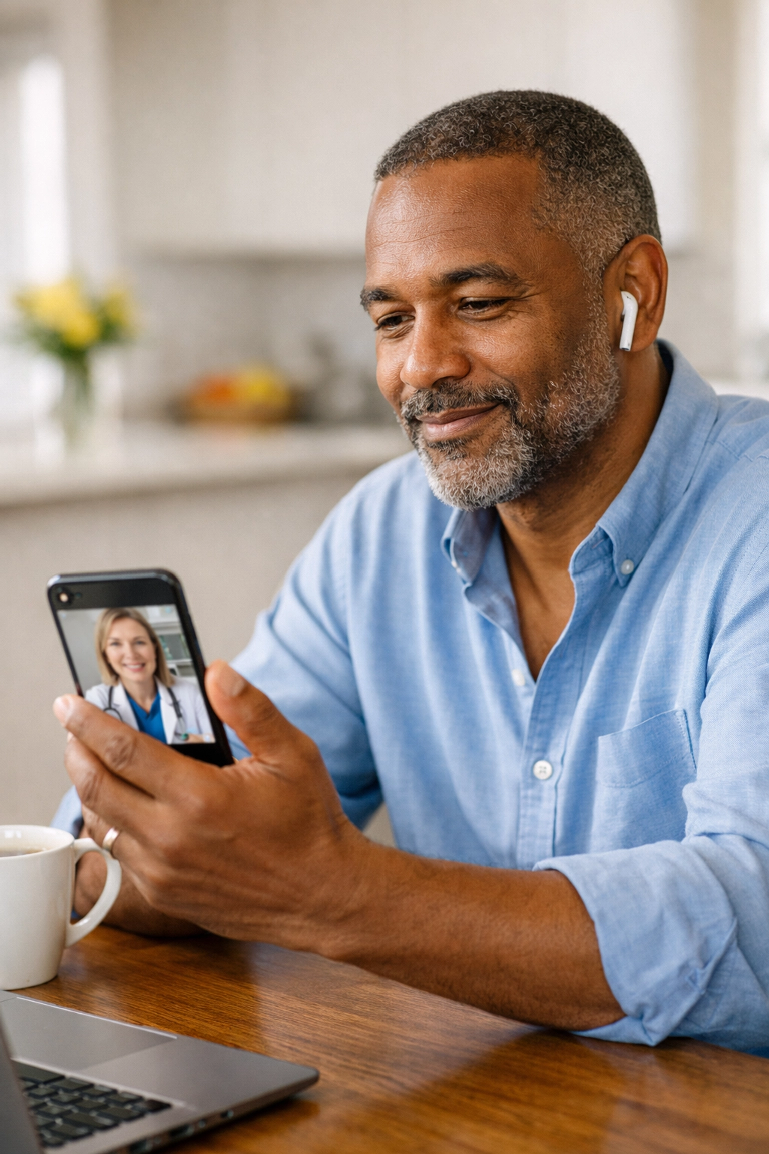 A man using his smartphone for a virtual consultation with an online medical weight loss doctor.