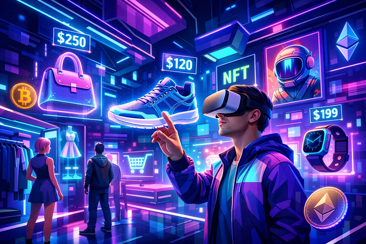 VR metaverse shopping experience with crypto payments and digital storefronts