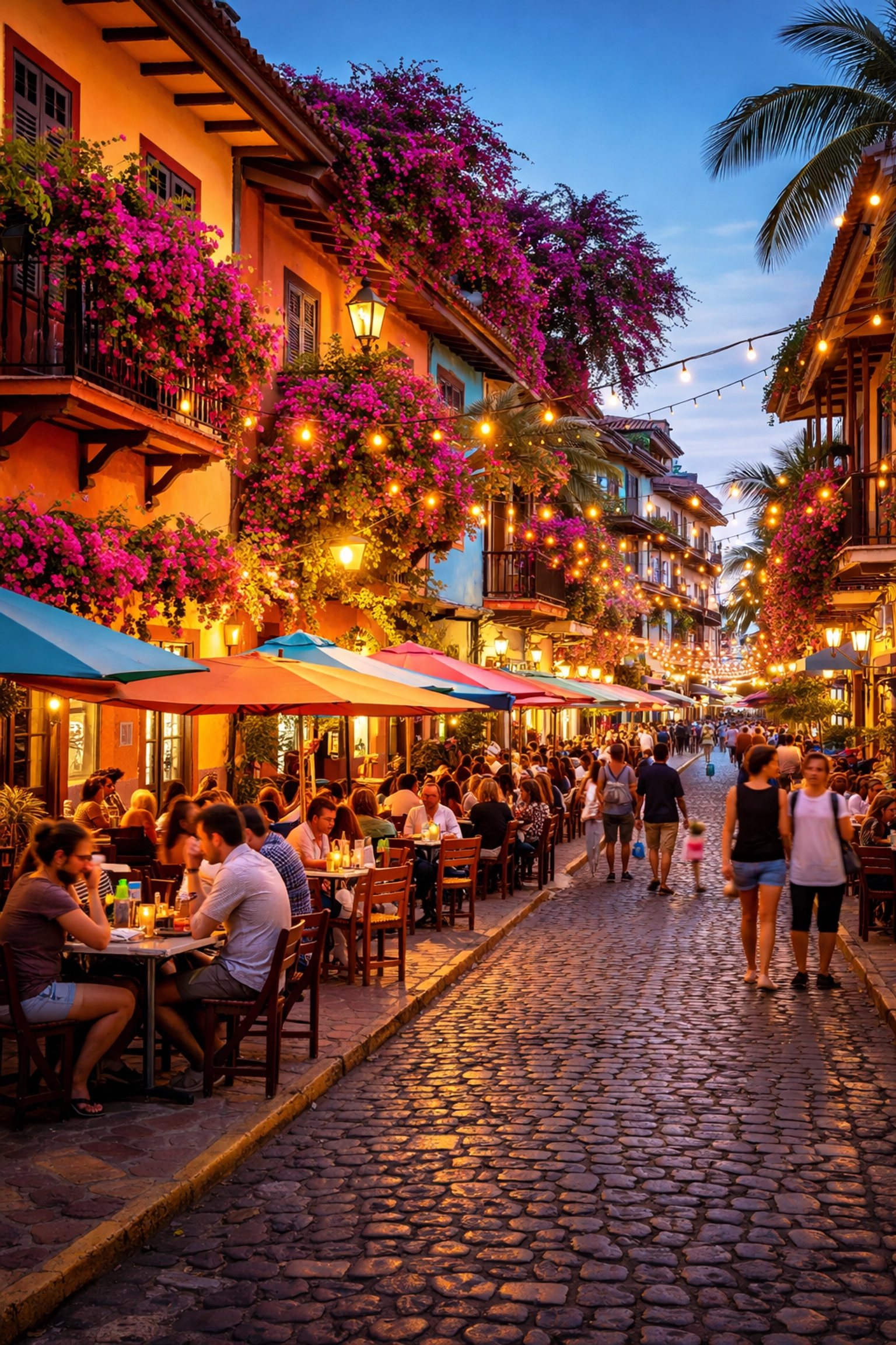Cobblestone street in Zona Romántica Puerto Vallarta at dusk with café tables, flowers, and lively atmosphere for single travelers.
