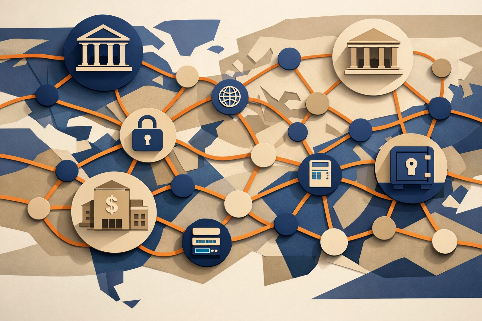 Illustration showing the complexity and friction of traditional bank wire networks in global finance.