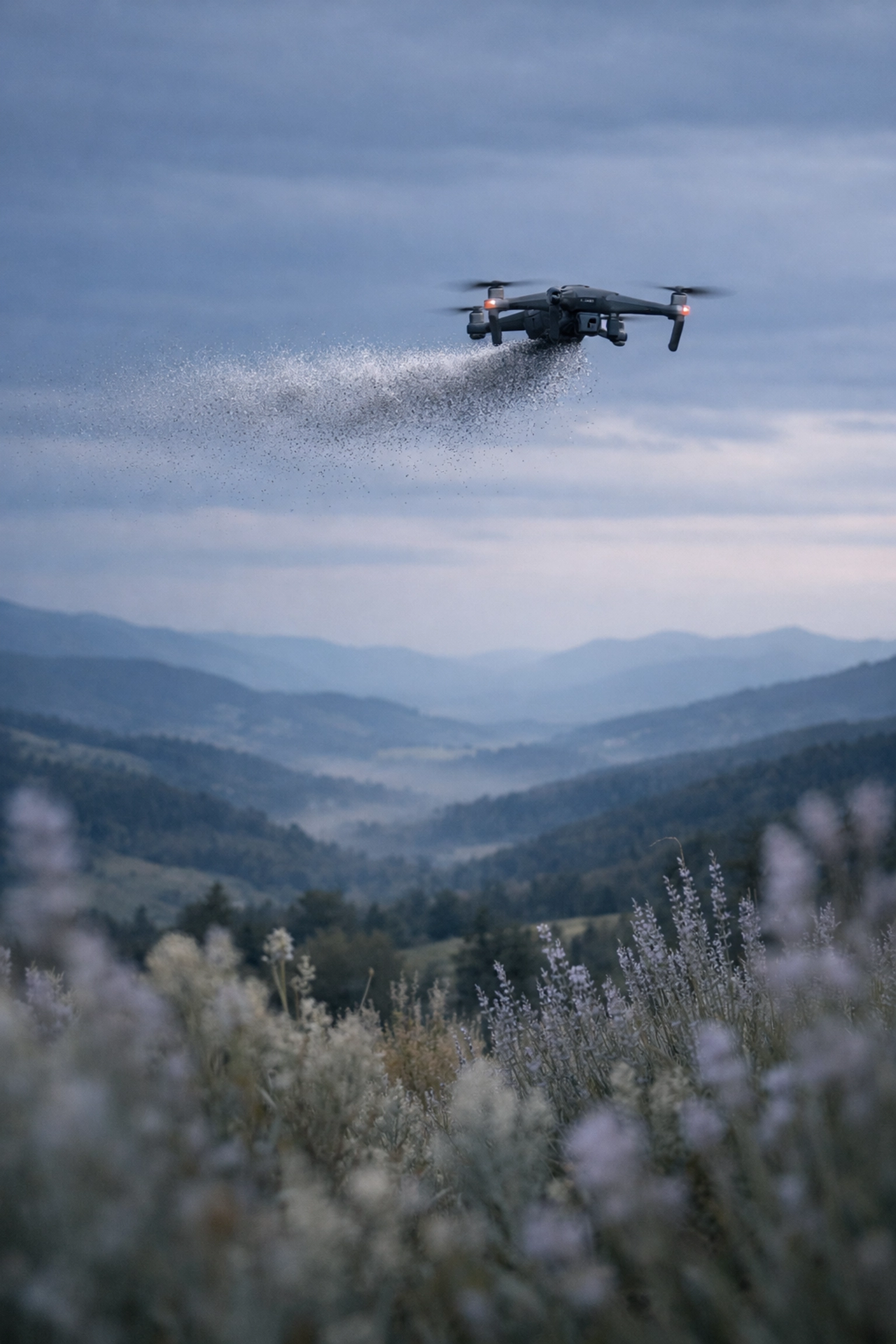 Professional drone ceremony for scattering ashes over a serene valley landscape at dusk.