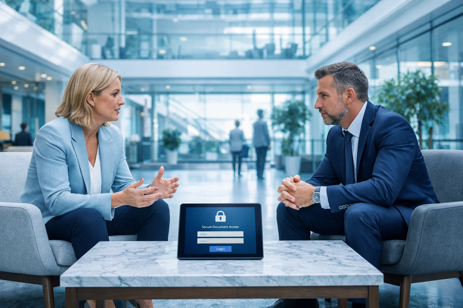 Confidential consultation between a business owner and advisor in a modern corporate setting.