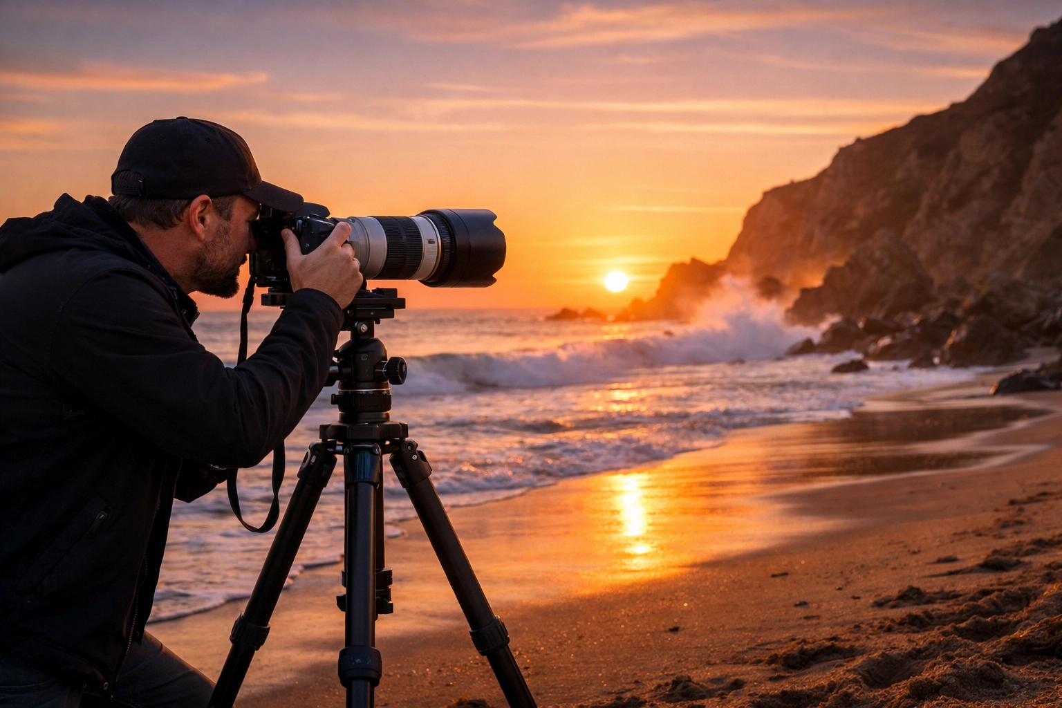 Professional Los Angeles photographer shooting a beach sunset in Malibu during golden hour.