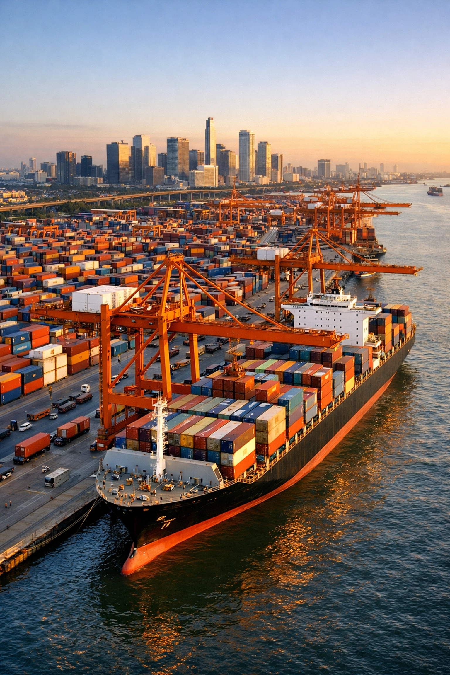 Container port with cargo ships and cranes handling international freight shipments