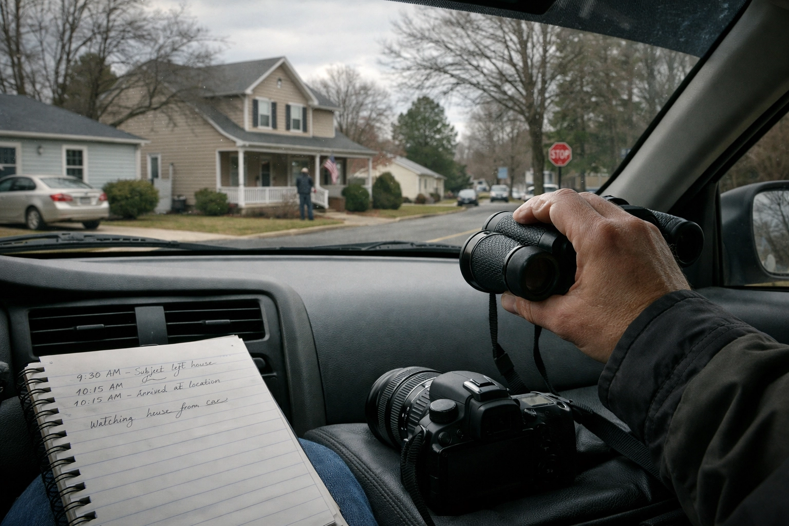 Licensed investigator conducting fieldwork surveillance in Virginia neighborhood