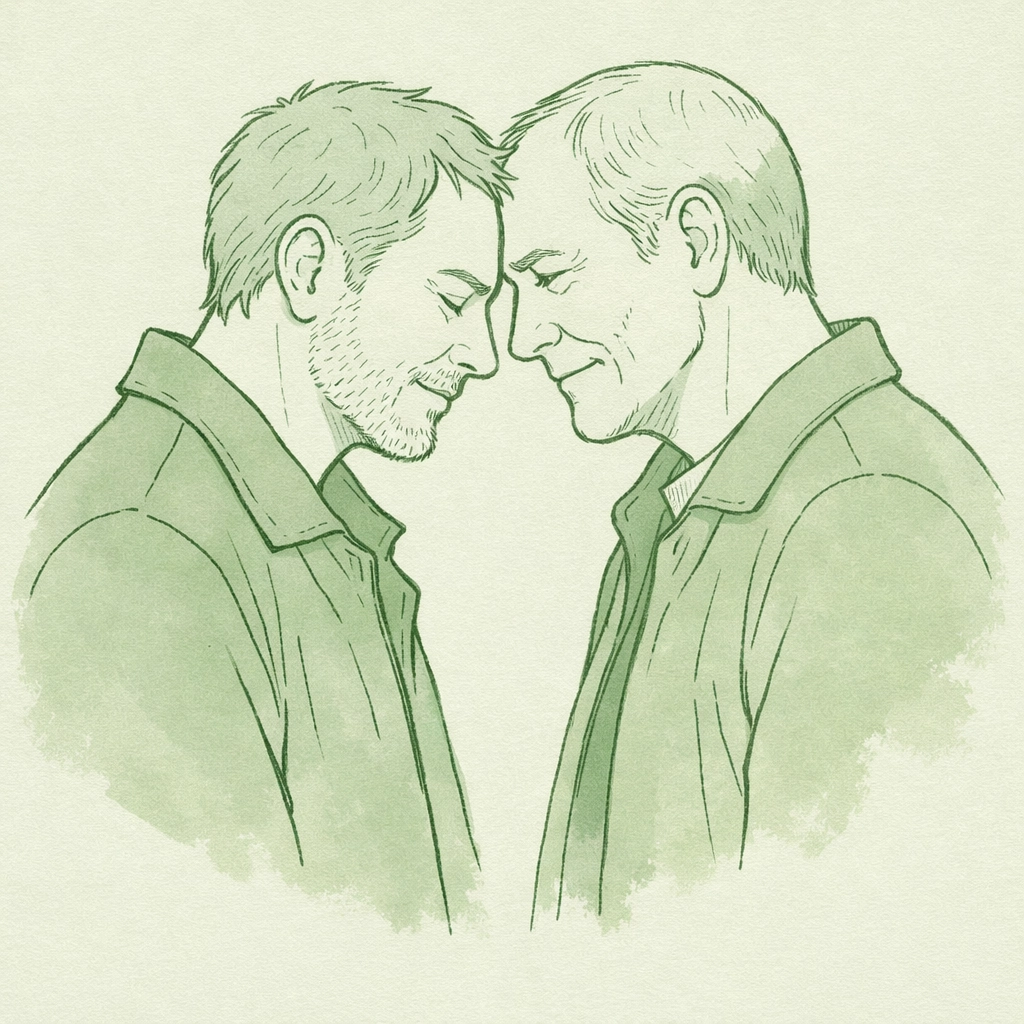 Mature men sharing a courageous moment of connection and relief after coming out later in life.