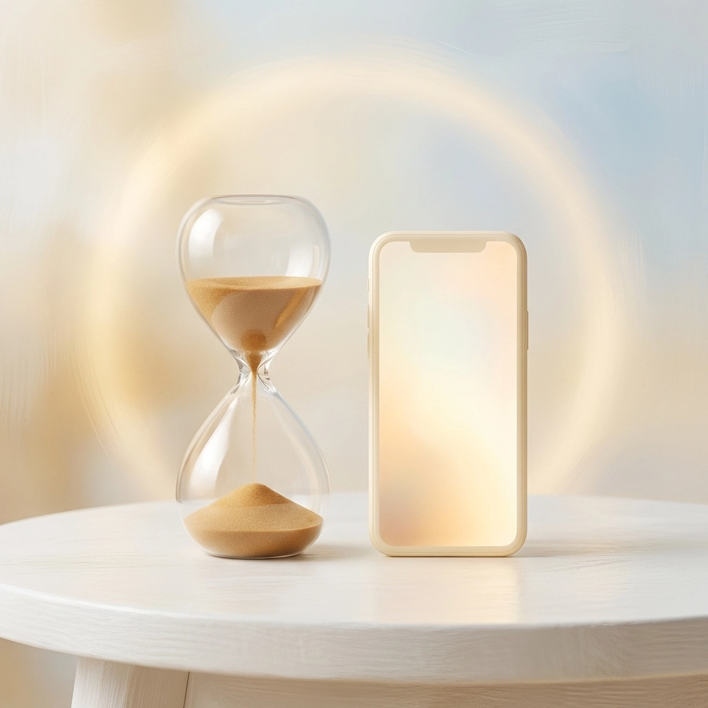 Hourglass and smartphone side by side, highlighting screen time management and balanced digital wellness for families.