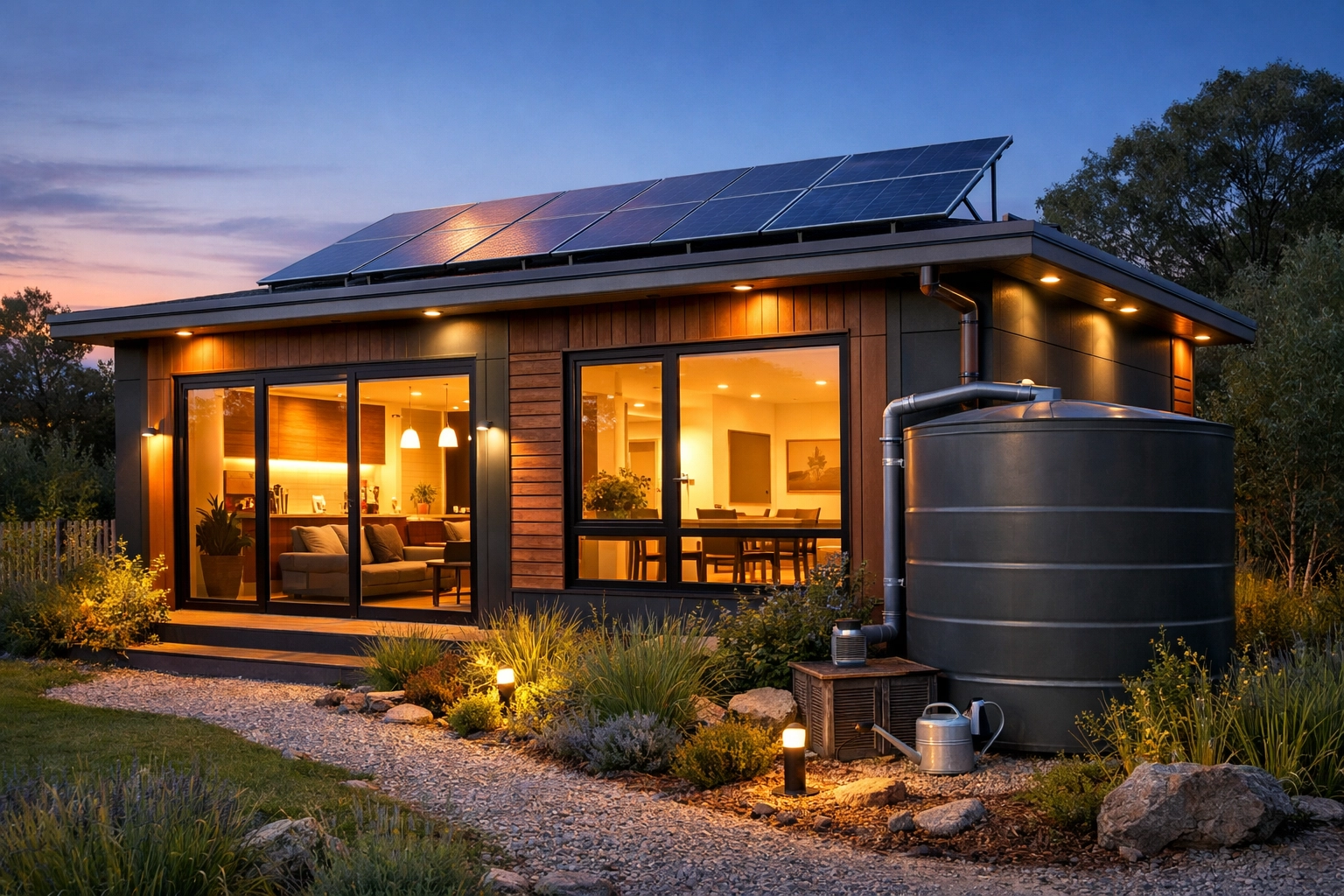 Energy-efficient modular granny flat with solar panels and LED lighting at dusk