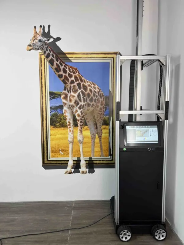 A high-resolution mural of a giraffe appears to step out of a gold-framed photo into the room