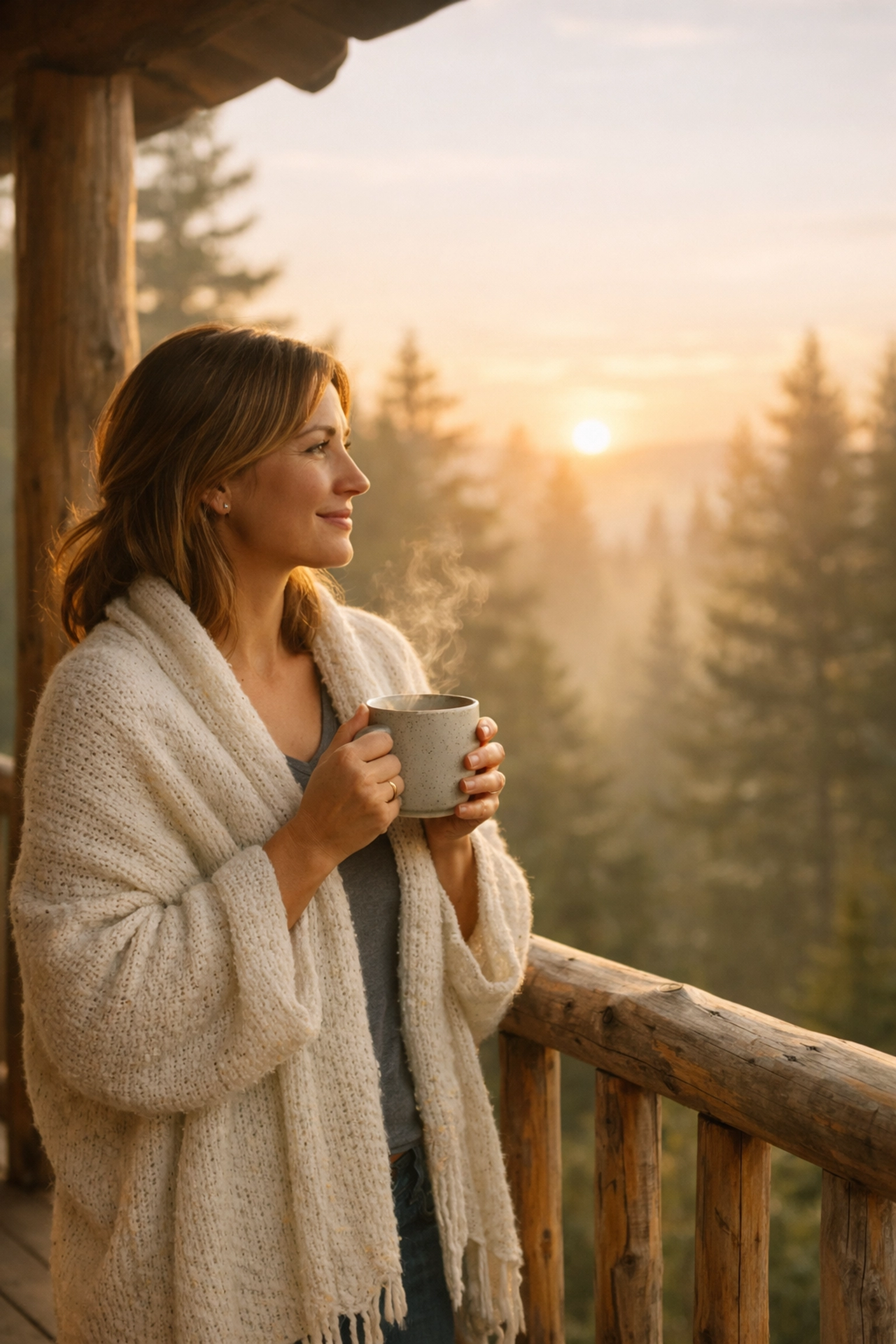 A woman peacefully overlooking a Maine forest, representing the personal rewards of Maine surrogate compensation.