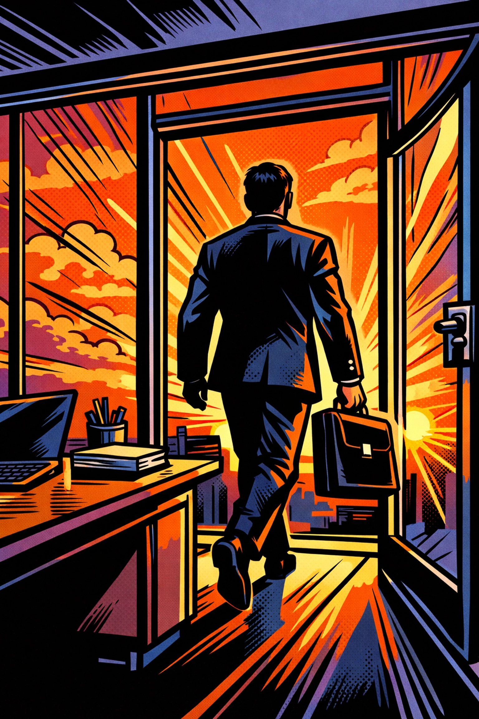 Business owner confidently leaving office at sunset after implementing workflow automation
