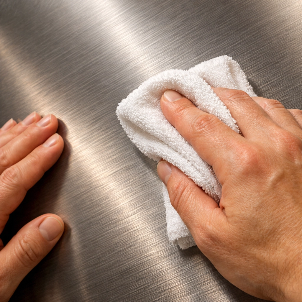 Cleaning stainless steel with microfiber cloth following the grain direction for best results