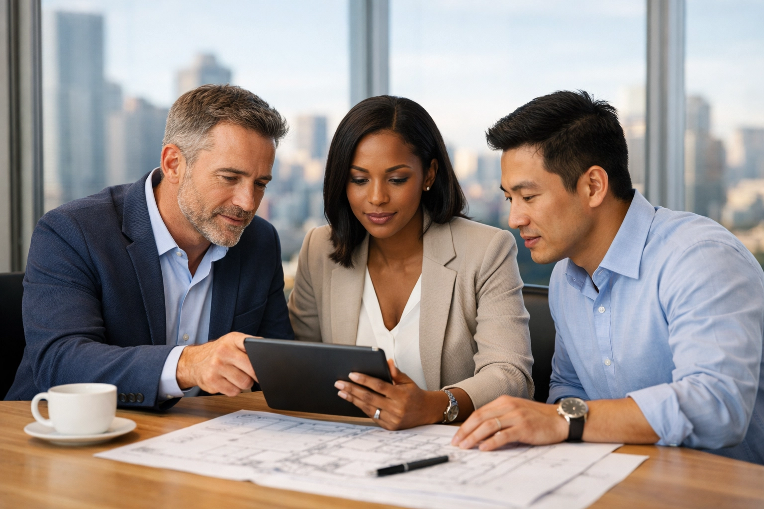 Strategic consultants in a sunlit office planning digital media innovation and future-proof business growth.