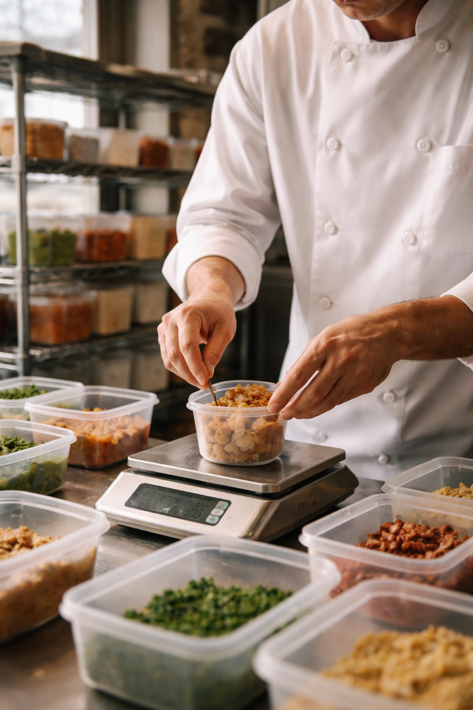 Kitchen staff weighing ingredients to control COGS and improve restaurant cash flow during turnaround