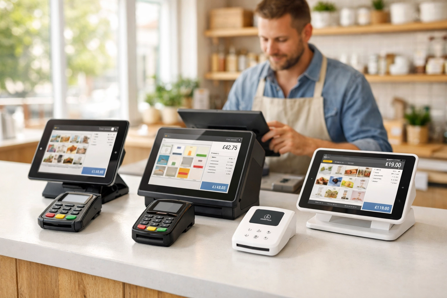 Multiple POS terminals compared side-by-side on modern UK retail counter