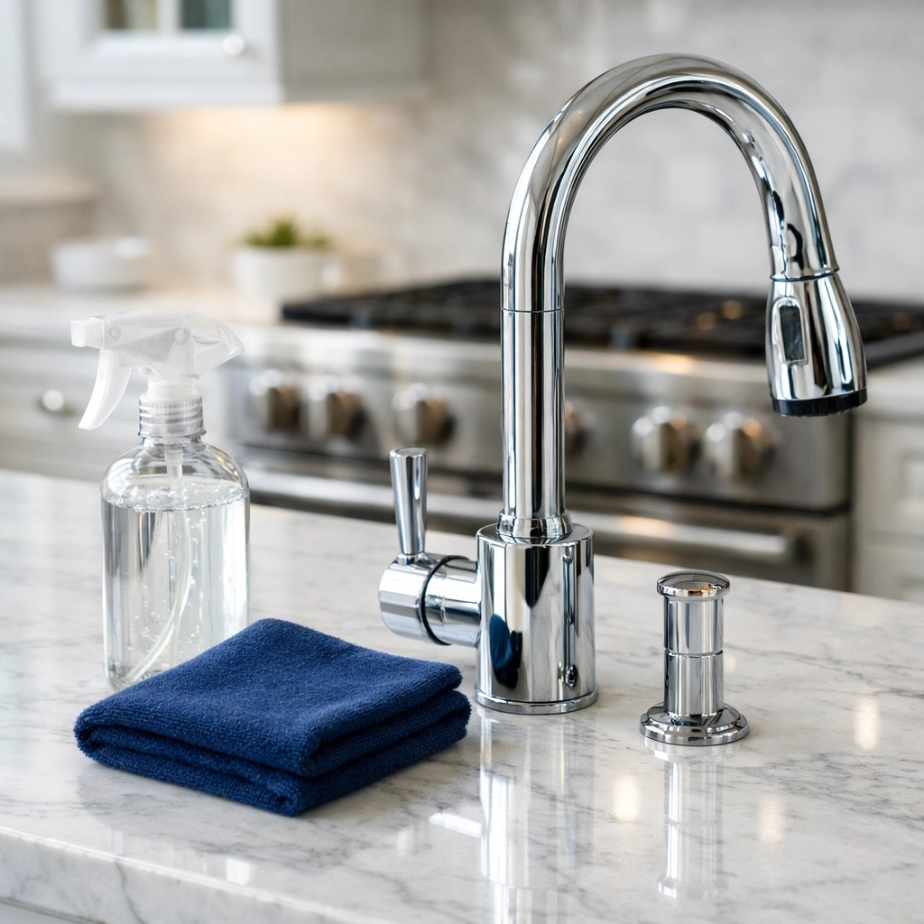 Eco-friendly deep cleaning in Wellesley MA featuring a sparkling marble kitchen island and non-toxic supplies.