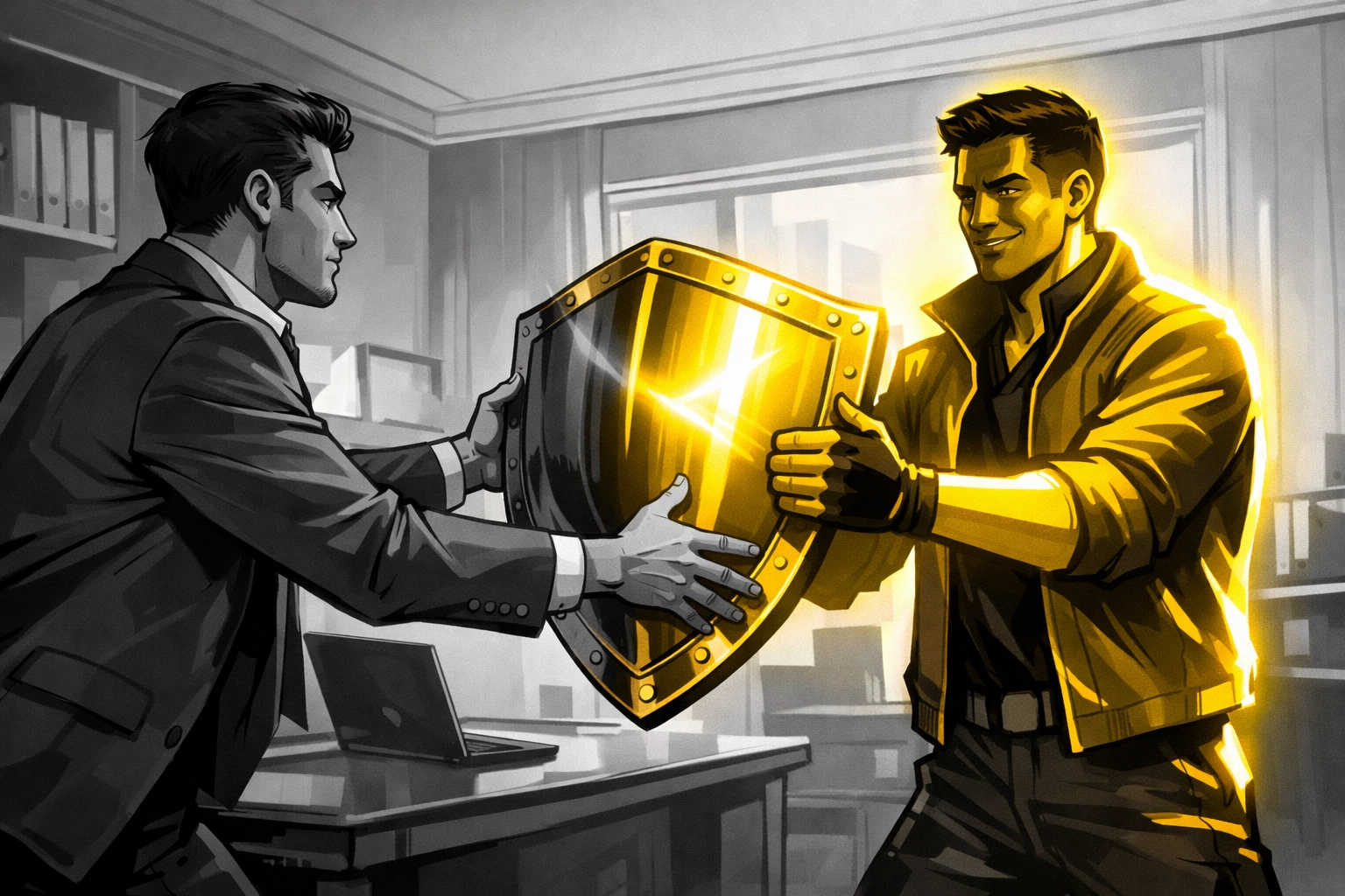 Professional handing over a shield representing Amazon operations to an account management expert.