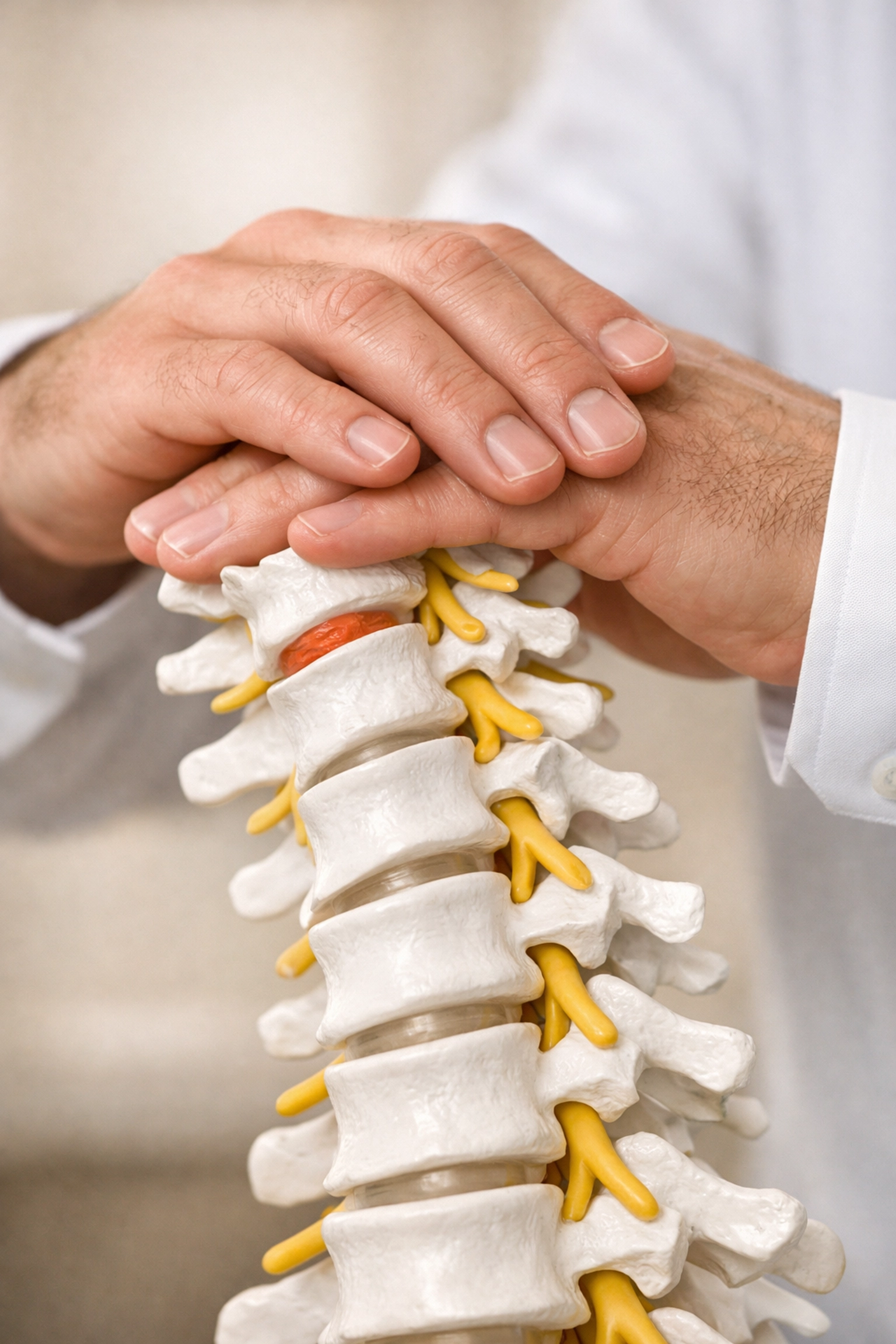 Expert chiropractor hands with a spine model emphasizing professional care and community wellness leadership.