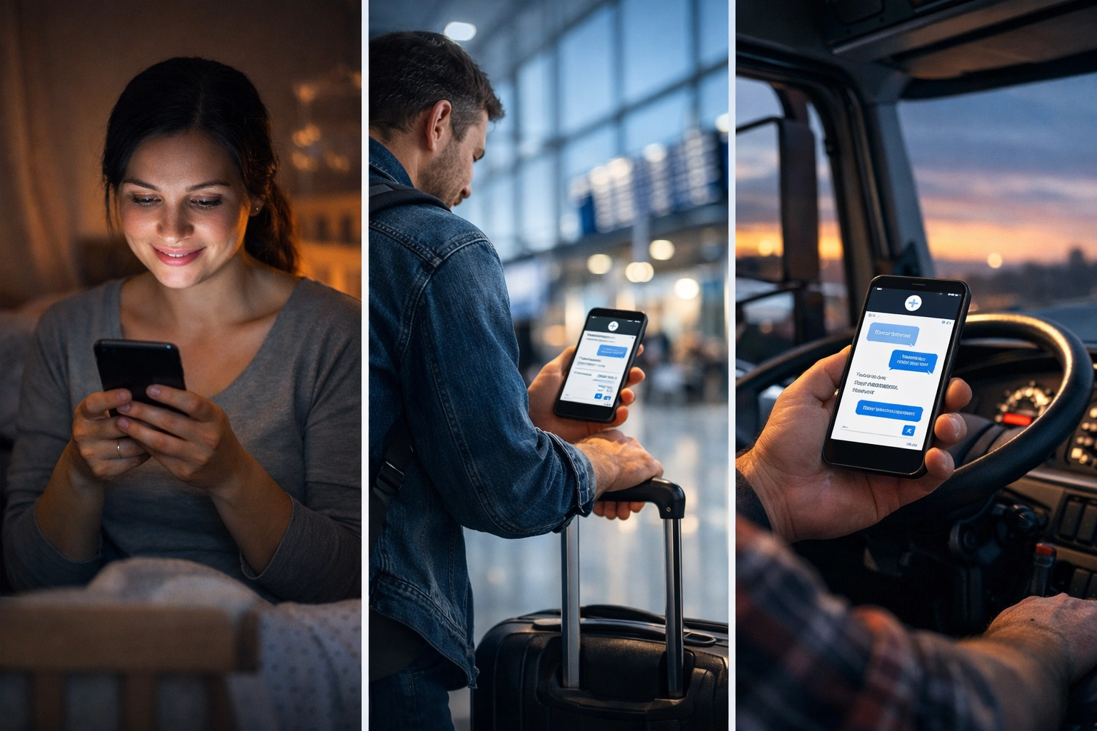 Diverse patients using secure medical chat for 24/7 on-demand healthcare and online primary care.