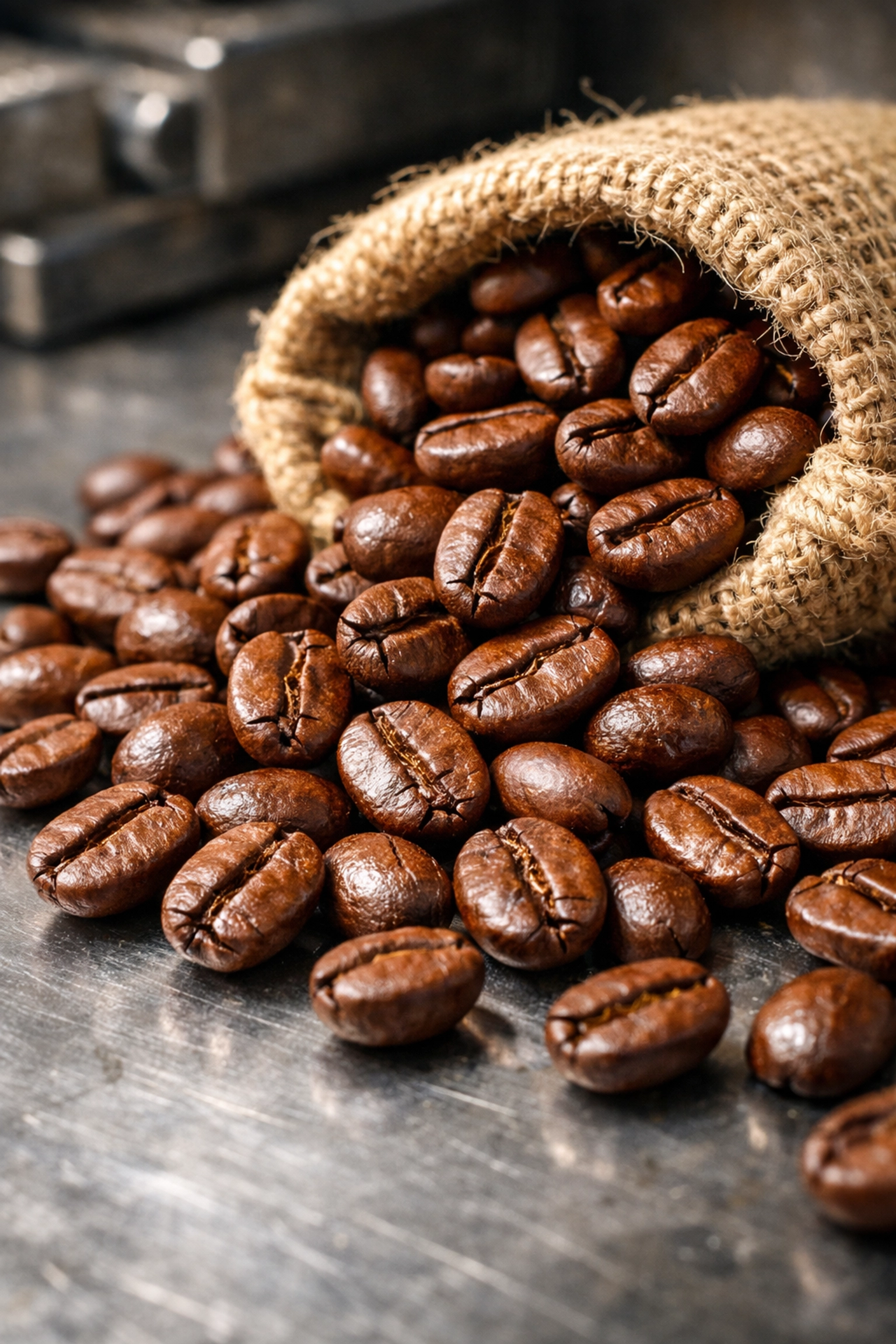 Premium medium roast coffee beans on a rugged industrial workbench reflecting purity and quality.