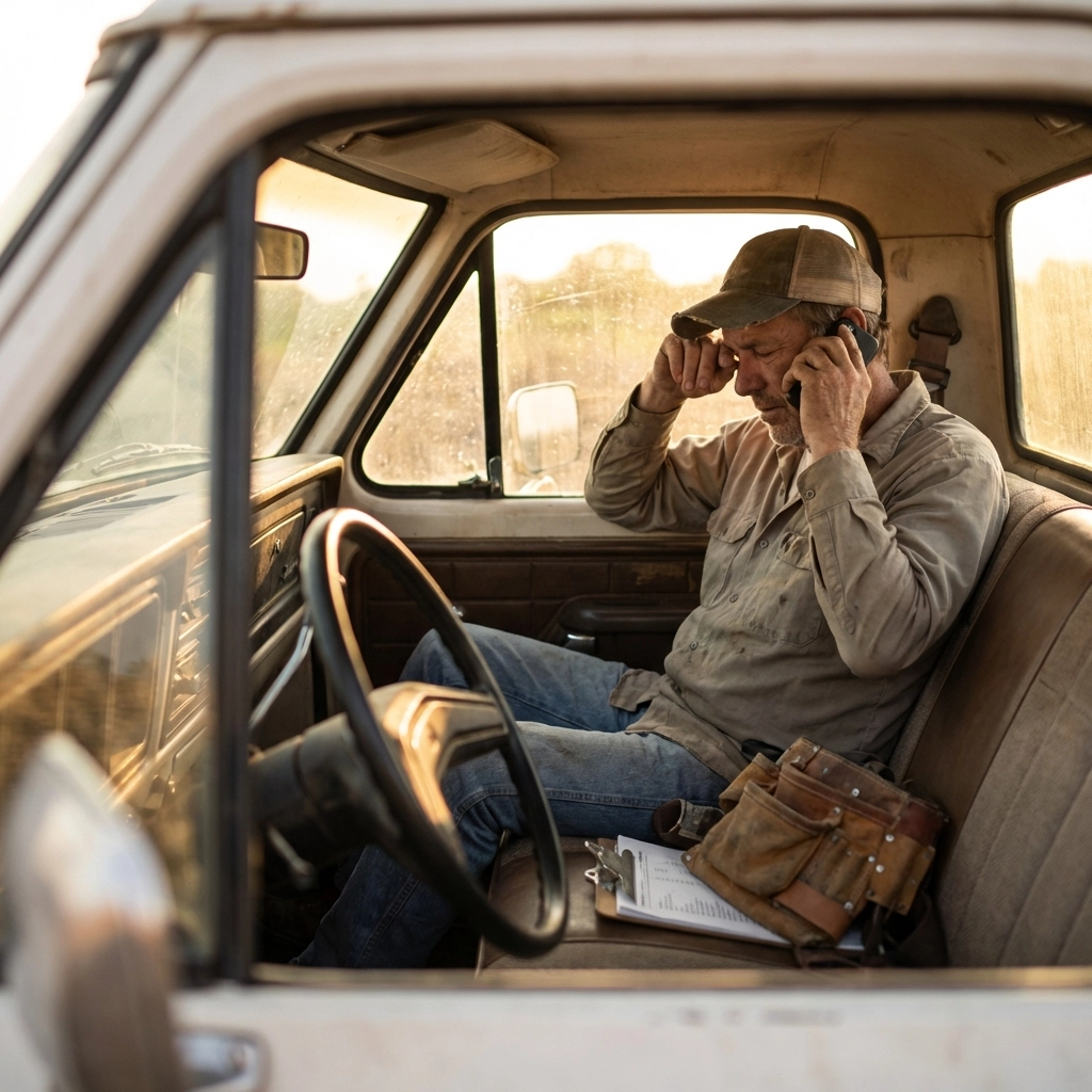 A frustrated contractor sits in his truck, phone to ear, after losing a shared lead opportunity.
