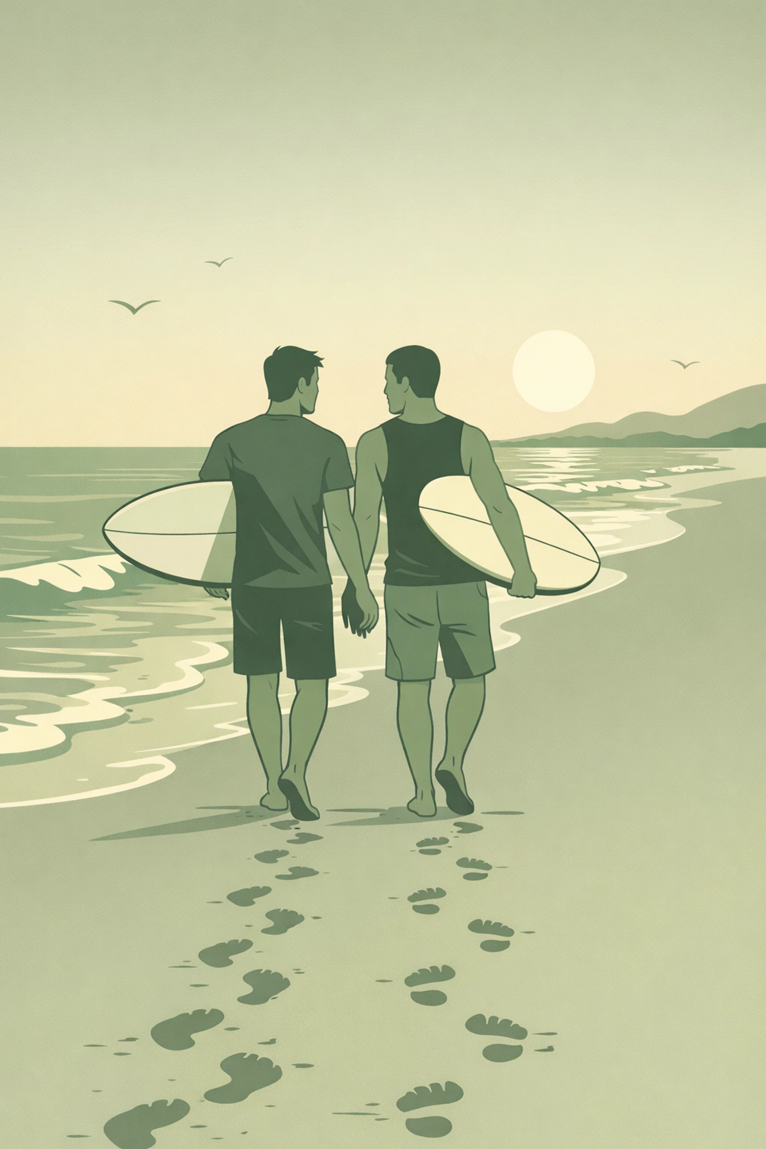 Two men walking Long Beach Cape Town with surfboards - gay romance journey