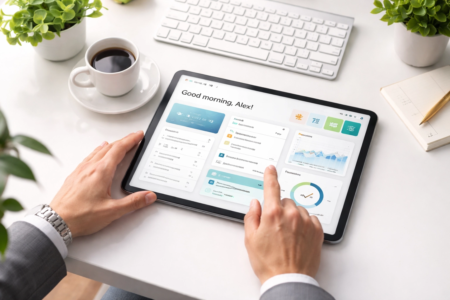 Professional reviewing a touch interface on a tablet, showing streamlined Employee Center in ServiceNow Xanadu.