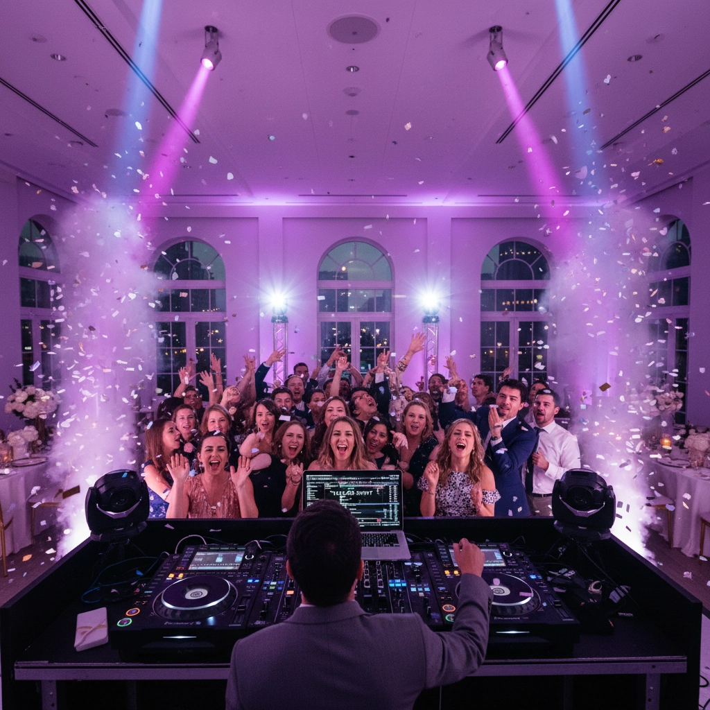 DJ plays at a lively party with cheering crowd, colorful lights, and confetti filling the room. Mood is festive and joyful.