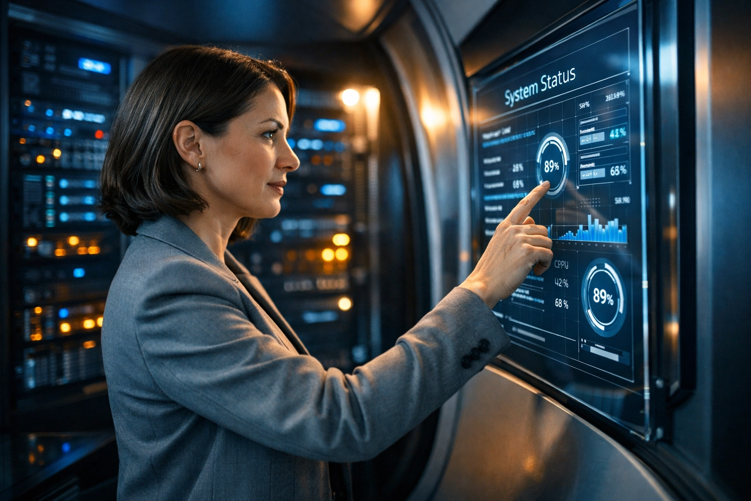 A professional monitoring cybersecurity and edge data inside a high-tech computing pod.