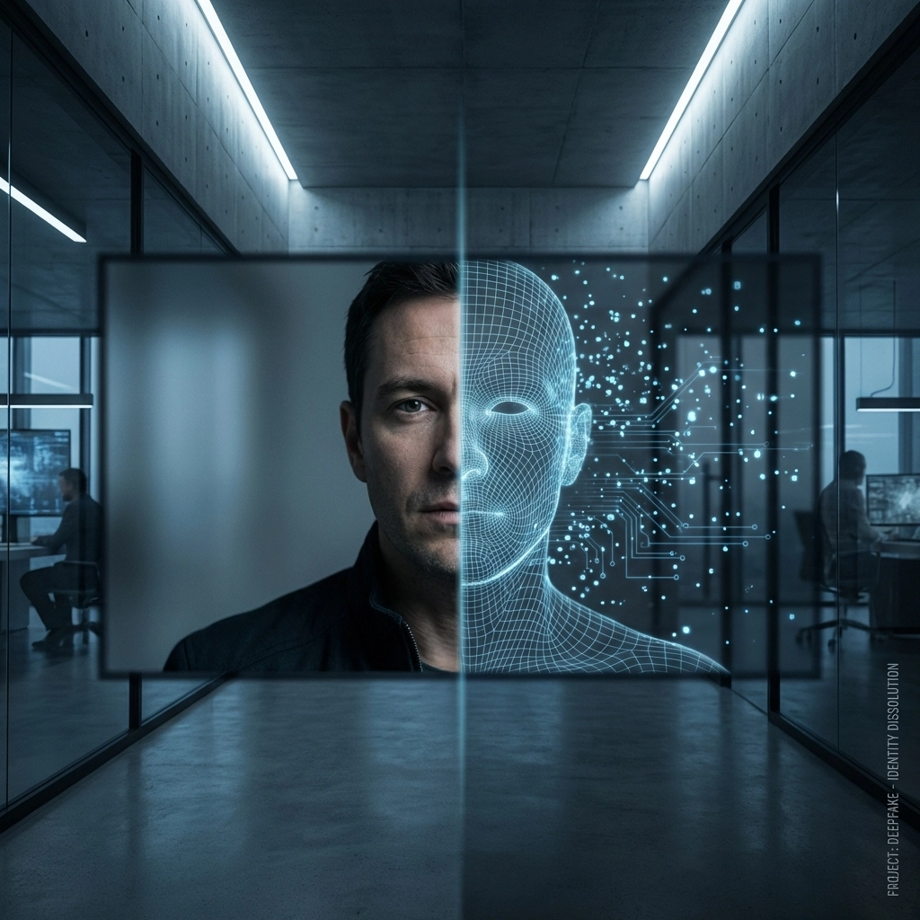 Split image of a real and digital face illustrates deepfake technology and AI-driven cyber attacks targeting businesses.