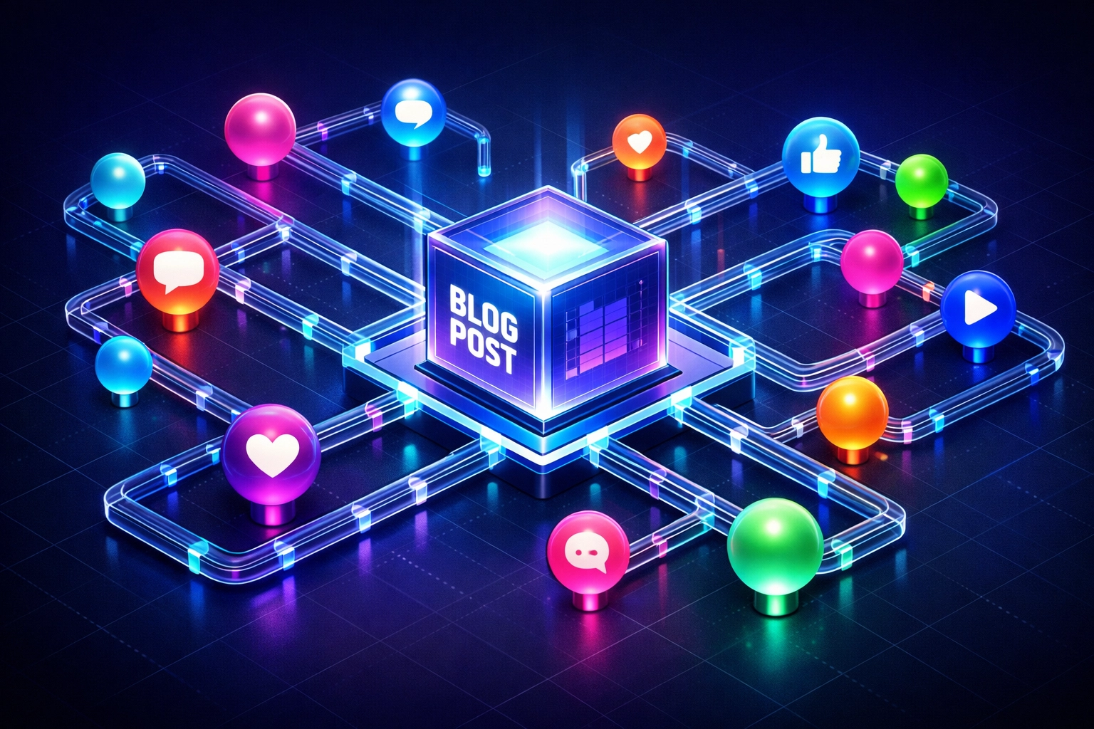Conceptual visualization of a digital content distribution engine turning a blog post into social media assets.