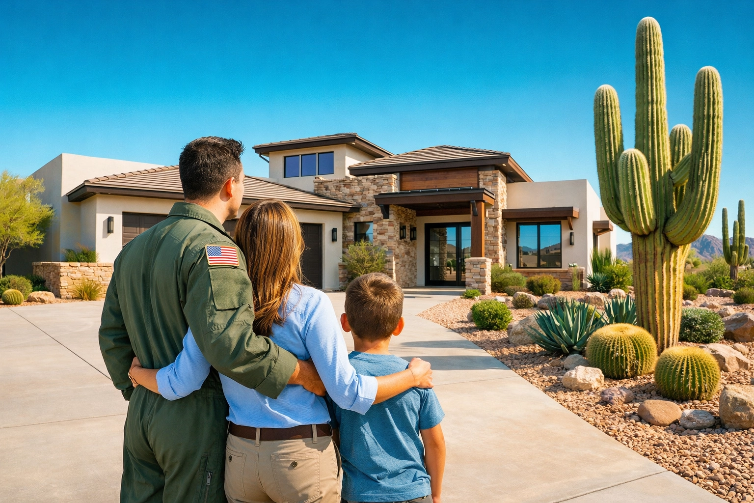 Military family celebrating homeownership in a new construction Phoenix house with desert landscaping.