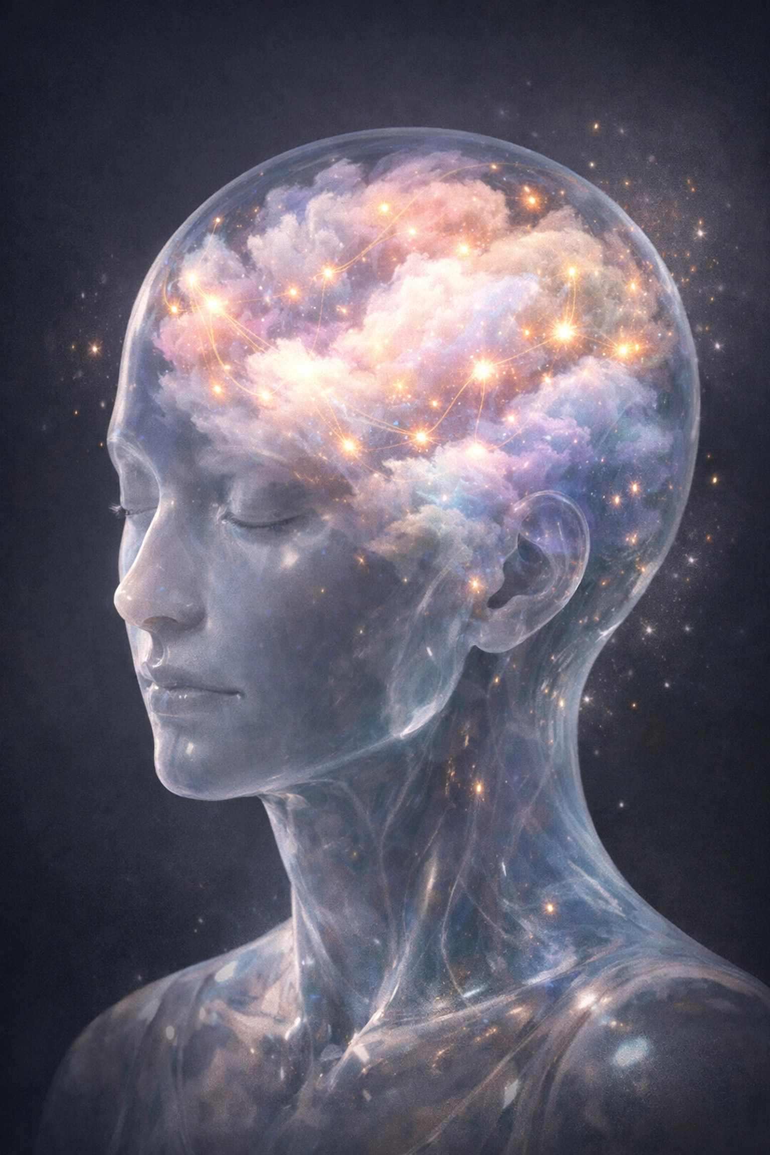 Glowing neural patterns representing the brain's Default Mode Network active during restful Soft Wellness.