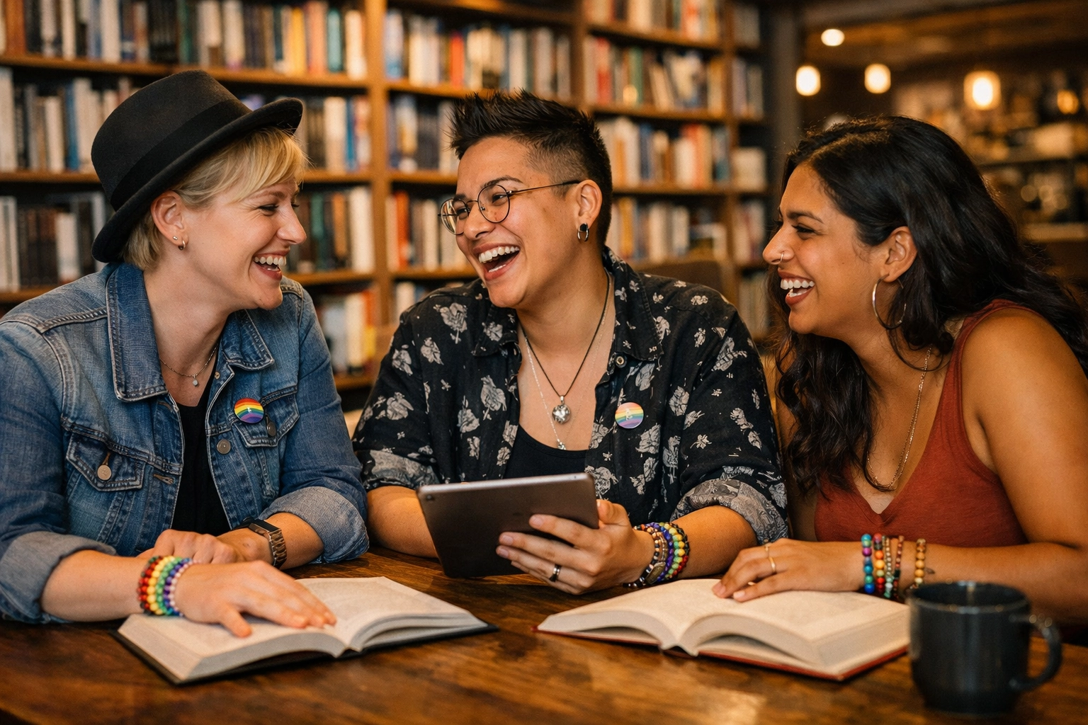 Diverse queer professionals networking and discussing literature in a cafe to build community and career paths.