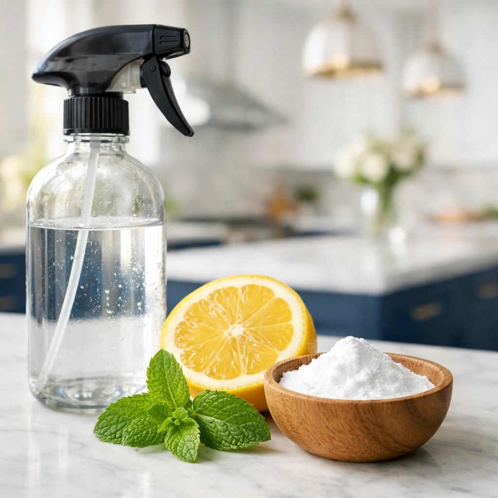 Natural cleaning ingredients like lemon and baking soda in a modern Leominster MA kitchen.