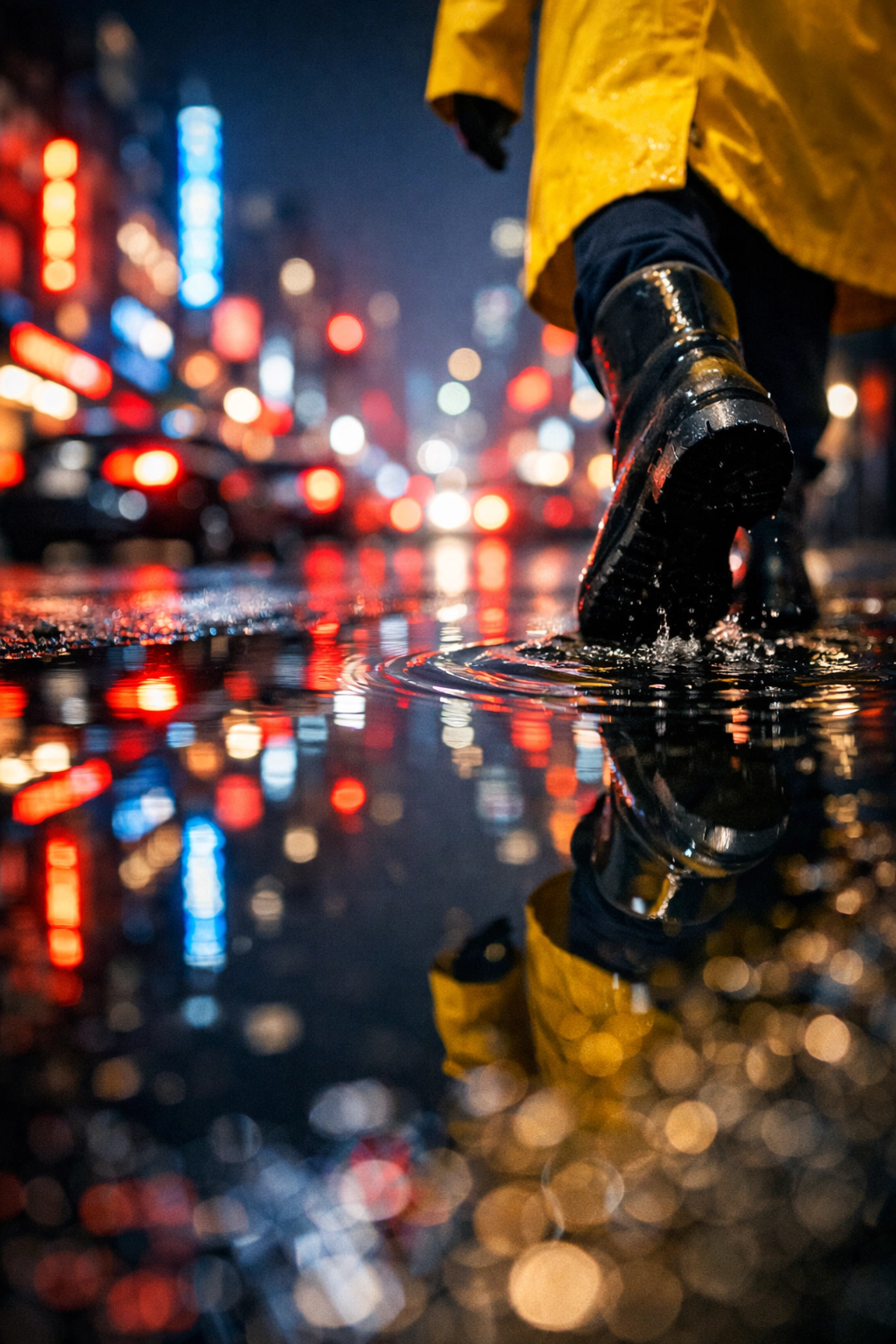Night reflection in a street puddle, illustrating creative street photography ideas with neon lights.