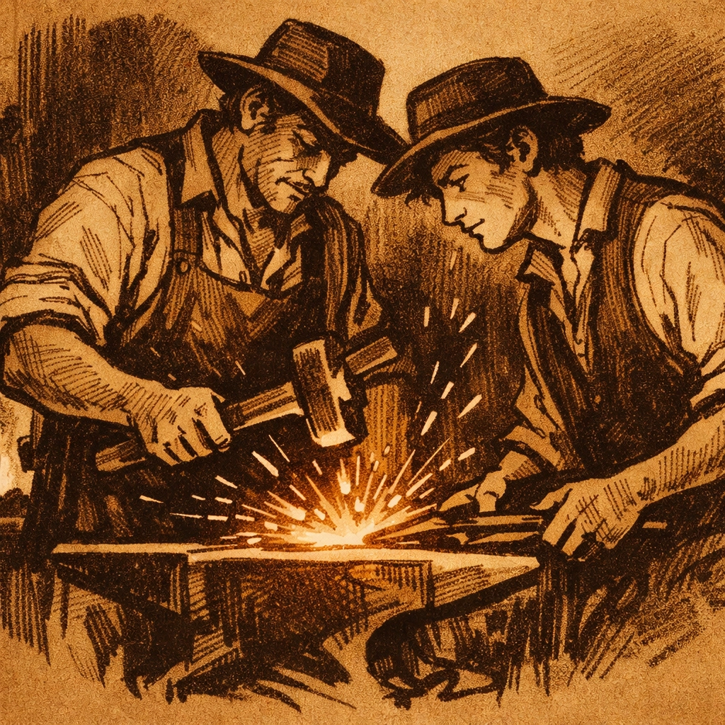 Two men working intimately at a blacksmith forge in historical MM romance setting