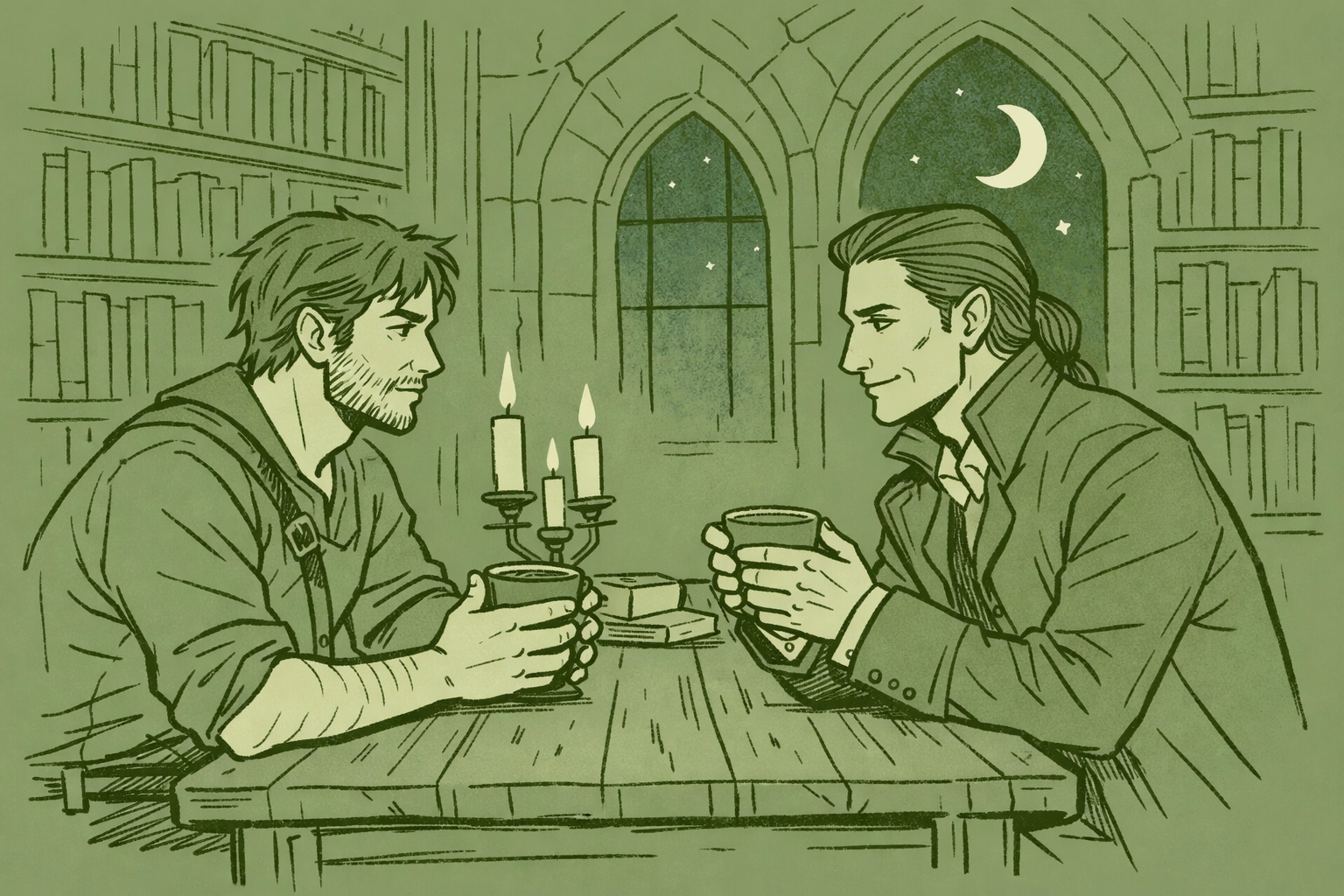 Two men in deep conversation at table in vampire sanctuary - gay fantasy romance connection