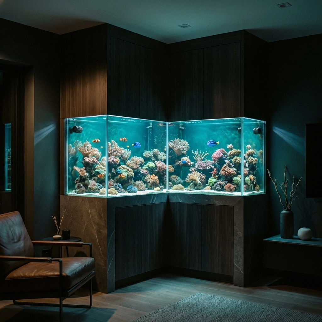 Custom-built L-shaped aquarium with vibrant corals and fish, seamlessly integrated into a luxury living room wall.